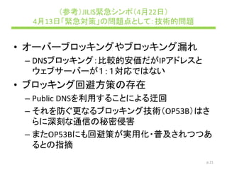 （参考）JILIS緊急シンポ（4月22日）
4月13日「緊急対策」の問題点として：技術的問題
• オーバーブロッキングやブロッキング漏れ
– DNSブロッキング：比較的安価だがIPアドレスと
ウェブサーバーが１：１対応ではない
• ブロッキング回避方策の存在
– Public DNSを利用することによる迂回
– それを防ぐ更なるブロッキング技術（OP53B）はさ
らに深刻な通信の秘密侵害
– またOP53Bにも回避策が実用化・普及されつつあ
るとの指摘
p.21
 