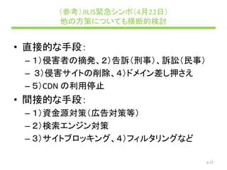 （参考）JILIS緊急シンポ（4月22日）
他の方策についても横断的検討
• 直接的な手段：
– １）侵害者の摘発、２）告訴（刑事）、訴訟（民事）
– ３）侵害サイトの削除、４）ドメイン差し押さえ
– ５）CDN の利用停止
• 間接的な手段：
– １）資金源対策（広告対策等）
– ２）検索エンジン対策
– ３）サイトブロッキング、４）フィルタリングなど
p.22
 