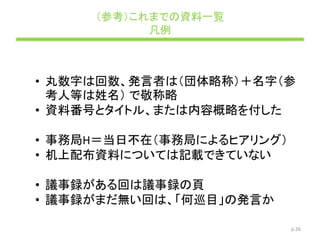 （参考）これまでの資料一覧
凡例
• 丸数字は回数、発言者は（団体略称）＋名字（参
考人等は姓名） で敬称略
• 資料番号とタイトル、または内容概略を付した
• 事務局H＝当日不在（事務局によるヒアリング）
• 机上配布資料については記載できていない
• 議事録がある回は議事録の頁
• 議事録がまだ無い回は、「何巡目」の発言か
p.26
 