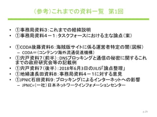 （参考）これまでの資料一覧 第1回
• ①事務局資料３：これまでの経緯説明
• ①事務局資料４－１：タスクフォースにおける主な論点（案）
• ①CODA後藤資料６：海賊版サイトに係る運営者特定の闇（図解）
– CODA＝（コンテンツ海外流通促進機構）
• ①宍戸資料７（前半）：DNSブロッキングと通信の秘密に関するこれ
までの政府研究会等の記載例
• ①宍戸資料７（後半）：2018年6月3日のJILIS「論点整理」
• ①地婦連長田資料８：事務局資料４－１に対する意見
• ①JPNIC石田資料９：ブロッキングによるインターネットへの影響
– JPNIC=（一社）日本ネットワークインフォメーションセンター
p.29
 