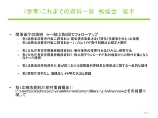 （参考）これまでの資料一覧 勉強会 後半
• 関係省庁の説明 →一部は第5回でフォローアップ
– 勉）総務省消費者行政二課資料４：電気通信事業法及び通信（信書等を含む）の秘密
– 勉）総務省消費者行政二課資料５－１：プロバイダ責任制限法の規定と運用
– 勉）文化庁長官官房著作権課資料６：著作権等の侵害行為及びみなし侵害行為
– 勉）文化庁長官官房著作権課資料７：静止画ダウンロードが私的複製からの除外対象となら
なかった経緯
– 勉）法務省民事局資料８：我が国における国際裁判管轄及び準拠法に関する一般的な規律
– 勉）警察庁資料なし：海賊版サイト等の状況と課題
• 勉）江崎浩資料３（前村委員提出）：
InternetSocietyPerspectivesonInternetContentBlocking:AnOverviewとその背景に
関して
p.35
 