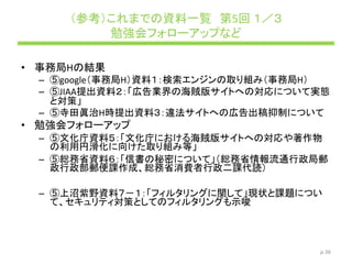 （参考）これまでの資料一覧 第5回 １／３
勉強会フォローアップなど
• 事務局Hの結果
– ⑤google（事務局H）資料１：検索エンジンの取り組み（事務局H）
– ⑤JIAA提出資料２：「広告業界の海賊版サイトへの対応について実態
と対策」
– ⑤寺田眞治H時提出資料３：違法サイトへの広告出稿抑制について
• 勉強会フォローアップ
– ⑤文化庁資料５：「文化庁における海賊版サイトへの対応や著作物
の利用円滑化に向けた取り組み等」
– ⑤総務省資料６：「信書の秘密について」（総務省情報流通行政局郵
政行政部郵便課作成、総務省消費者行政二課代読）
– ⑤上沼紫野資料７－１：「フィルタリングに関して」現状と課題につい
て、セキュリティ対策としてのフィルタリングも示唆
p.36
 
