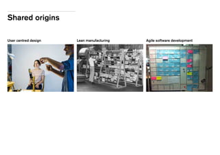 Shared origins
User centred design Lean manufacturing	 Agile software development
 
