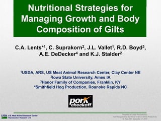 U.S. Meat Animal Research Center
Reproduction Research Unit
U.S. Meat Animal Research Center
Reproduction Research Unit
Nutritional Strategies for
Managing Growth and Body
Composition of Gilts
Presented at Leman Preconference
Gilt Management as the Driver of Sow Lifetime Productivity
St. Paul, MN. September 17, 2018
C.A. Lents*1, C. Suprakorn2, J.L. Vallet1, R.D. Boyd3,
A.E. DeDecker4 and K.J. Stalder2
1USDA, ARS, US Meat Animal Research Center, Clay Center NE
2Iowa State University, Ames IA
3Hanor Family of Companies, Franklin, KY
4Smithfield Hog Production, Roanoke Rapids NC
 