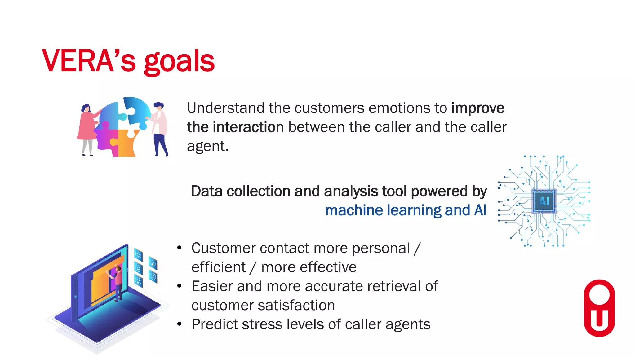 VERA’s goals
Understand the customers emotions to improve
the interaction between the caller and the caller
agent.
Data collection and analysis tool powered by
machine learning and AI
• Customer contact more personal /
efficient / more effective
• Easier and more accurate retrieval of
customer satisfaction
• Predict stress levels of caller agents
 