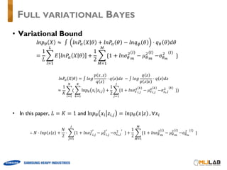 • Variational Bound
𝑙𝑛𝑝] 𝑋 ≈	∫ 𝑙𝑛𝑃² 𝑋 𝜃 + 𝑙𝑛𝑃² 𝜃 − 𝑙𝑛𝑞o 𝜃 ⋅ 𝑞] 𝜃 𝑑𝜃
=
1
𝐿
^ 𝐸 𝑙𝑛𝑃² 𝑋 𝜃 +
1
2
^{1 + 𝑙𝑛𝜎]
y
¶
[
− 𝜇]
y
¶
[
³
³1%
−𝜎]·
y ([)
		}	
•
[1%
𝑙𝑛𝑃² 𝑋 𝜃 = ∫ 𝑙𝑜𝑔
𝑝 𝑥, 𝑧
𝑞 𝑧
⋅ 𝑞 𝑧 𝑑𝑧	 − ∫ 𝑙𝑜𝑔
𝑞 𝑧
𝑝 𝑧 𝑥
⋅ 𝑞 𝑧 𝑑𝑧
										≈
1
𝐾
^(
(
W1%
^ ln𝑝] 𝑥W 𝑧W,b +
1
2
{
v1%
^{1 + 𝑙𝑛𝜎_
y
W,b
v
− 𝜇_
y
W,b
v
°
b1%
−𝜎_T,b
y (v)
		})
• In this paper, 𝐿 = 𝐾 = 1 and ln𝑝] 𝑥W 𝑧W,b = 𝑙𝑛𝑝](𝑥|𝑧) , ∀𝑥W
∴ 𝑁 ⋅ 𝑙𝑛𝑝 𝑥 𝑧 +
𝑁
2
⋅ ^{1 + 𝑙𝑛𝜎_
y
W,b
¬
− 𝜇_
y
W,b
¬
°
b1%
−𝜎_T,b
y ¬
		} +
1
2
^{1 + 𝑙𝑛𝜎]
y
¶
[
− 𝜇]
y
¶
[
³
³1%
−𝜎]·
y ([)
		}
FULL VARIATIONAL BAYES
 