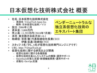 日本仮想化技術株式会社 概要
• 社名：日本仮想化技術株式会社
– 英語名：VirtualTech Japan Inc.
– 略称：日本仮想化技術／VTJ
• 設立：2006年12月
• 資本金：3,000万円
• 売上高：11,293万円（2018年7月期）
• 本社：東京都渋谷区渋谷1-8-1
• 取締役：宮原 徹（代表取締役社長兼CEO）
• 伊藤 宏通（取締役CTO）
• スタッフ：8名（うち、6名が仮想化技術専門エンジニアです）
• URL：http://VirtualTech.jp/
• 仮想化技術に関する研究および開発
– 仮想化技術に関する各種調査
– 仮想化技術を導入したシステムの構築・運用サポート
– OpenStackの導入支援・新規機能開発・運用サポート
– 自動化・DevOps支援
ベンダーニュートラルな
独立系仮想化技術の
エキスパート集団
4
 