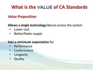 What is the VALUE of CA Standards
18
Value Proposition
Allows a single technology/device across the system
• Lower cost
• Better/faster supply
Sets a minimum expectation for
• Performance
• Conformance
• Longevity
• Quality
 