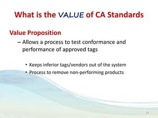 What is the VALUE of CA Standards
Value Proposition
– Allows a process to test conformance and
performance of approved tags
• Keeps inferior tags/vendors out of the system
• Process to remove non-performing products
19
 
