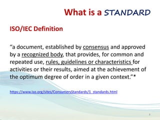 What is a STANDARD
ISO/IEC Definition
“a document, established by consensus and approved
by a recognized body, that provides, for common and
repeated use, rules, guidelines or characteristics for
activities or their results, aimed at the achievement of
the optimum degree of order in a given context.”*
https://www.iso.org/sites/ConsumersStandards/1_standards.html
8
 