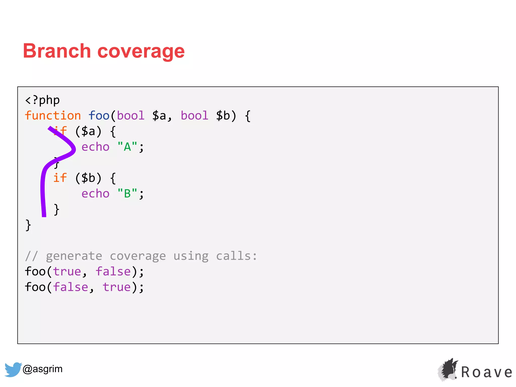 @asgrim
Branch coverage
<?php
function foo(bool $a, bool $b) {
if ($a) {
echo "A";
}
if ($b) {
echo "B";
}
}
// generate coverage using calls:
foo(true, false);
foo(false, true);
 