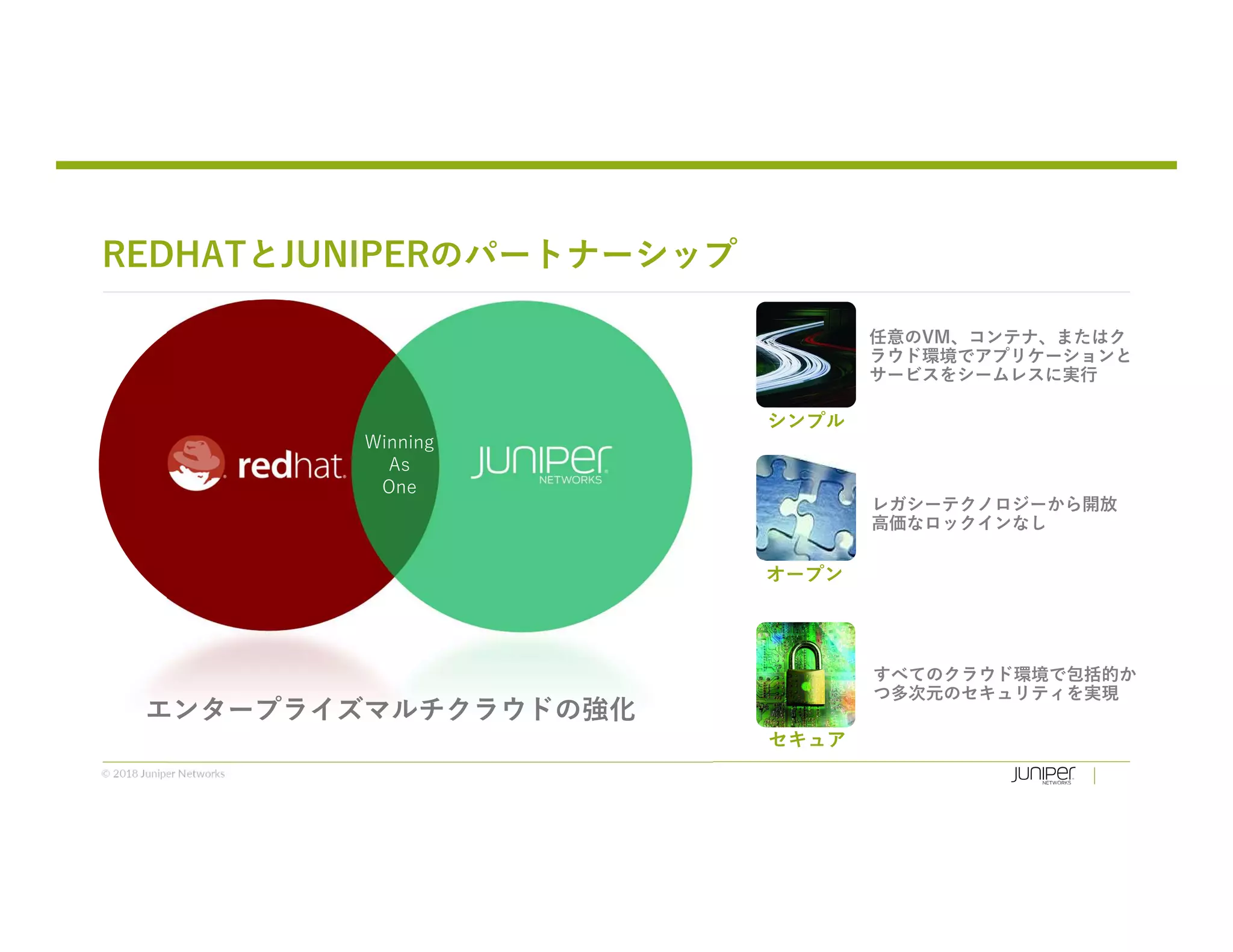 © 2018 Juniper Networks
シンプル
オープン
セキュア
任意のVM、コンテナ、またはク
ラウド環境でアプリケーションと
サービスをシームレスに実行
レガシーテクノロジーから開放
高価なロックインなし
すべてのクラウド環境で包括的か
つ多次元のセキュリティを実現
REDHATとJUNIPERのパートナーシップ
Winning
As
One
エンタープライズマルチクラウドの強化
 