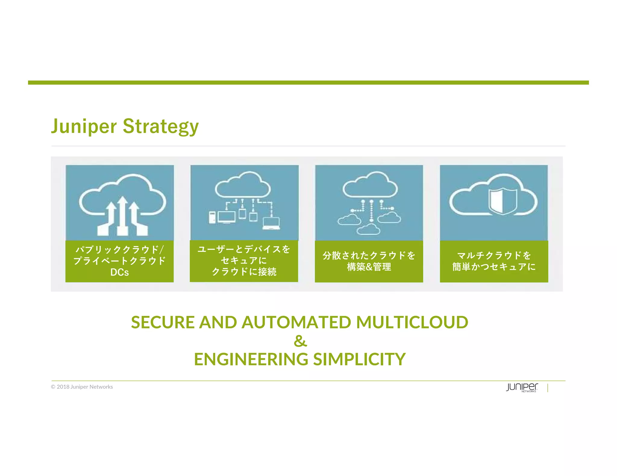 © 2018 Juniper Networks
Juniper Strategy
SECURE AND AUTOMATED MULTICLOUD
＆
ENGINEERING SIMPLICITY
パブリッククラウド/
プライベートクラウド
DCs
ユーザーとデバイスを
セキュアに
クラウドに接続
分散されたクラウドを
構築&管理
マルチクラウドを
簡単かつセキュアに
 