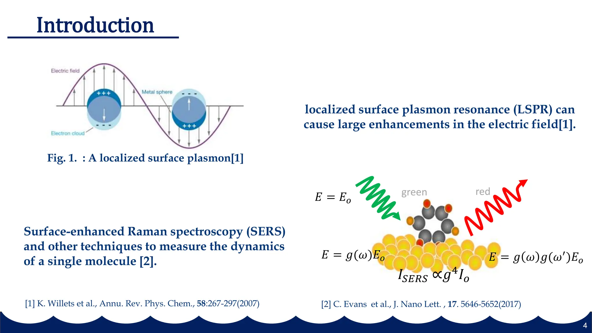 4
Introduction
Fig. 1. : A localized surface plasmon[1]
localized surface plasmon resonance (LSPR) can
cause large enhancements in the electric field[1].
Surface-enhanced Raman spectroscopy (SERS)
and other techniques to measure the dynamics
of a single molecule [2].
[1] K. Willets et al., Annu. Rev. Phys. Chem., 58:267-297(2007) [2] C. Evans et al., J. Nano Lett. , 17. 5646-5652(2017)
green red
𝐸 = 𝐸𝑜
𝐸 = 𝑔(𝜔)𝐸𝑜 𝐸 = 𝑔 𝜔 𝑔(𝜔′
)𝐸𝑜
𝐼𝑆𝐸𝑅𝑆 ∝𝑔4𝐼𝑜
 