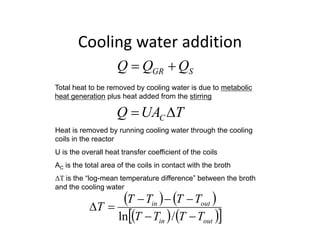 Cooling water addition
Cooling water addition
S
GR Q
Q
Q 

Total heat to be removed by cooling water is due to metabolic
heat generation plus heat added from the stirring
T
UA
Q T
UA
Q C 

Heat is removed by running cooling water through the cooling
coils in the reactor
coils in the reactor
U is the overall heat transfer coefficient of the coils
AC is the total area of the coils in contact with the broth
ΔT is the “log-mean temperature difference” between the broth
and the cooling water
   
i T
T
T
T 


   
   
 
out
in
out
in
T
T
T
T
T
T
T
T
T




/
ln
 