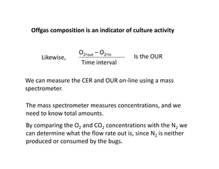 Offgas composition is an indicator of culture activity
Offgas composition is an indicator of culture activity
O – O
Time interval
O2,out – O2,in
Is the OUR
Likewise,
We can measure the CER and OUR on‐line using a mass
spectrometer.
The mass spectrometer measures concentrations, and we
need to know total amounts.
By comparing the O2 and CO2 concentrations with the N2 we
can determine what the flow rate out is, since N2 is neither
produced or consumed by the bugs.
 