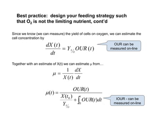 Best practice: design your feeding strategy such
that O2 is not the limiting nutrient cont’d
Since we know (we can measure) the yield of cells on oxygen, we can estimate the
ll t ti b
that O2 is not the limiting nutrient, cont d
cell concentration by
)
(
)
(
t
OUR
Y
dt
t
dX
O
X

OUR can be
measured on-line
dt O
Together with an estimate of X(t) we can estimate μ from…
dt
dX
t
X )
(
1




t
d
OUR
t
X
t
OUR
t
0
)
(
)
(
)
(
)
(

IOUR b

 dt
t
OUR
Y
t
O
X
0
0
)
(
)
( IOUR - can be
measured on-line
 