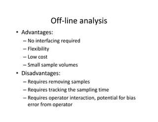 Off‐line analysis
Off line analysis
• Advantages:
– No interfacing required
– Flexibility
– Low cost
– Small sample volumes
• Disadvantages:
– Requires removing samples
q g p
– Requires tracking the sampling time
– Requires operator interaction, potential for bias
Requires operator interaction, potential for bias
error from operator
 