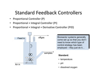 Standard Feedback Controllers
Standard Feedback Controllers
• Proportional Controller (P)
• Proportional + Integral Controller (PI)
Proportional + Integral Controller (PI)
• Proportional + Integral + Derivative Controller (PID)
offgas
Feed in
Bioreactor systems generally
come set up so that you don’t
need to know which type of
need to know which type of
control strategy has been
employed – they just do it…
∞
∞ samples
Standard:
• temperature
Air in
• pH
• dissolved oxygen
 