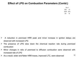Effect of LPG on Combustion Parameters (Contd.)
Run 1
SOI
EGR

25%

CR



-15
18

A reduction in premixed HRR peak and minor increase in ignition delays are
observed with increased LPG

 The presence of LPG slow down the chemical reaction rate during premixed
combustion
 Minor changes in ratio of premixed to diffusion combustion were observed with
increased rate of LPG
 As a result, wider and flatter HRR traces, improved LTC, were observed

10

 