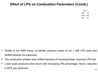 Effect of LPG on Combustion Parameters (Contd.)
Run 1
SOI

-15

EGR

25%

CR

18

 Similar to the HRR traces, in-cylinder pressure traces of run 1 with LPG were also
shifted towards the expansion
 The combustion phases were shifted because of increasing lower reactivity LPG fuel
 Lower peak pressures were found with increasing LPG percentage, hence, reduction
in BTE was observed

11

 