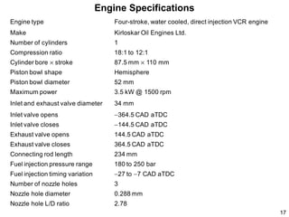 Engine Specifications
Engine type

Four-stroke, water cooled, direct injection VCR engine

Make

Kirloskar Oil Engines Ltd.

Number of cylinders

1

Compression ratio

18:1 to 12:1

Cylinder bore × stroke

87.5 mm × 110 mm

Piston bowl shape

Hemisphere

Piston bowl diameter

52 mm

Maximum power

3.5 kW @ 1500 rpm

Inlet and exhaust valve diameter

34 mm

Inlet valve opens

−364.5 CAD aTDC

Inlet valve closes

−144.5 CAD aTDC

Exhaust valve opens

144.5 CAD aTDC

Exhaust valve closes

364.5 CAD aTDC

Connecting rod length

234 mm

Fuel injection pressure range

180 to 250 bar

Fuel injection timing variation

−27 to −7 CAD aTDC

Number of nozzle holes

3

Nozzle hole diameter

0.288 mm

Nozzle hole L/D ratio

2.78
17

 