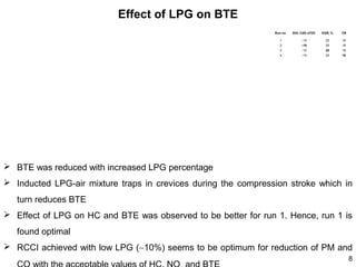 Effect of LPG on BTE
Run no.

SOI, CAD aTDC

EGR, %

CR

1

−15

25

18

2

−10

25

18

3

−15

20

18

4

−15

25

16

 BTE was reduced with increased LPG percentage
 Inducted LPG-air mixture traps in crevices during the compression stroke which in
turn reduces BTE
 Effect of LPG on HC and BTE was observed to be better for run 1. Hence, run 1 is
found optimal
 RCCI achieved with low LPG (∼10%) seems to be optimum for reduction of PM and
8

 