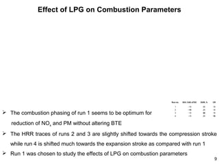 Effect of LPG on Combustion Parameters

Run no.

EGR, %

CR

1

 The combustion phasing of run 1 seems to be optimum for

SOI, CAD aTDC
−15

25

18

2

−10

25

18

3

−15

20

18

4

−15

25

16

reduction of NOx and PM without altering BTE
 The HRR traces of runs 2 and 3 are slightly shifted towards the compression stroke
while run 4 is shifted much towards the expansion stroke as compared with run 1
 Run 1 was chosen to study the effects of LPG on combustion parameters

9

 
