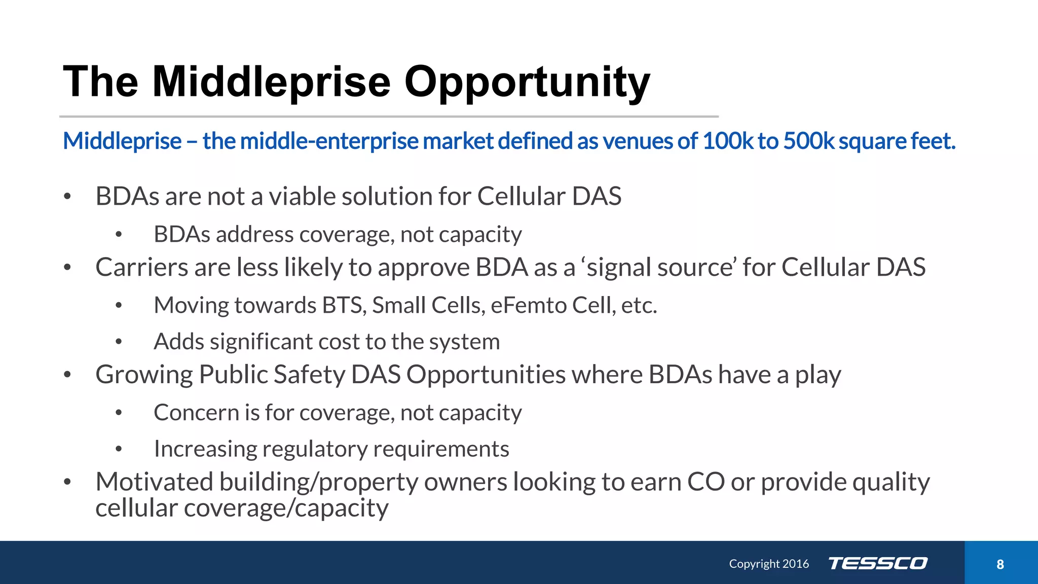 Copyright 2015 811/21/2016 Copyright 2016 8
The Middleprise Opportunity
• BDAs are not a viable solution for Cellular DAS
• BDAs address coverage, not capacity
• Carriers are less likely to approve BDA as a ‘signal source’ for Cellular DAS
• Moving towards BTS, Small Cells, eFemto Cell, etc.
• Adds significant cost to the system
• Growing Public Safety DAS Opportunities where BDAs have a play
• Concern is for coverage, not capacity
• Increasing regulatory requirements
• Motivated building/property owners looking to earn CO or provide quality
cellular coverage/capacity
Middleprise – the middle-enterprise market defined as venues of 100k to 500k square feet.
 