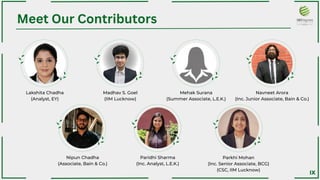 Lakshita Chadha
(Analyst, EY)﻿
Nipun Chadha
(Associate, Bain & Co.)﻿
Madhav S. Goel
(IIM Lucknow)﻿
Paridhi Sharma
(Inc. Analyst, L.E.K.)
Mehak Surana
(Summer Associate, L.E.K.)﻿
Parkhi Mohan
(Inc. Senior Associate, BCG)
(CSC, IIM Lucknow)﻿
Navneet Arora
(Inc. Junior Associate, Bain & Co.)﻿
Meet Our Contributors
IX
 