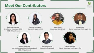 Rajshree Chandel
(Inc. Senior Associate, BCG)﻿
(CSC, IIM Lucknow)
Shreya Aggarwal
(Inc. Junior Associate, McKinsey & Co.)
(CSC, IIM Lucknow)
Ramya Srinivasan
(Senior Analyst, L.E.K.)﻿
Sidhant Mathur
(Associate, Strategy&)
Rishu Goyal
(Associate, Bain & Co.)﻿
Tanya Agarwal
(Junior Associate, McKinsey & Co.)﻿
Satviek Goel
(Junior Associate, McKinsey & Co.)﻿
﻿
Meet Our Contributors
X
 
