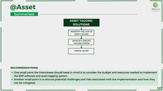 O﻿
ne small point the interviewee should keep in mind is to consider the budget and resources needed to implement
the ERP software and asset tagging system.
Another small point is to discuss potential challenges and risks associated with the implementation and how they
can be mitigated.
RECOMMENDATIONS:
@Asset
ASSET TAGGING
SOLUTIONS
INDENTIFY THE LACK OF
ASSET TAGGING
DEVELOP A SPECIFIC
TAGGING SYSTEM
CREATE AN ERP
Summarised
127
 