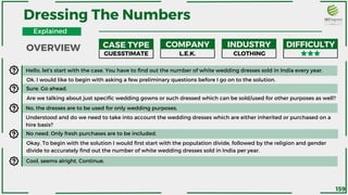 CASE TYPE COMPANY INDUSTRY DIFFICULTY
Hello, let's start with the case. You have to find out the number of white wedding dresses sold in India every year.
Ok. I would like to begin with asking a few preliminary questions before I go on to the solution.
L.E.K.
Sure. Go ahead.
Are we talking about just specific wedding gowns or such dressed which can be sold/used for other purposes as well?
No, the dresses are to be used for only wedding purposes.
Understood and do we need to take into account the wedding dresses which are either inherited or purchased on a
hire basis?
No need. Only fresh purchases are to be included.
Okay. To begin with the solution I would first start with the population divide, followed by the religion and gender
divide to accurately find out the number of white wedding dresses sold in India per year.
Dressing The Numbers
GUESSTIMATE CLOTHING
Cool, seems alright. Continue.
OVERVIEW
Explained
159
 