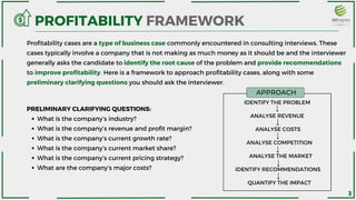 PROFITABILITY FRAMEWORK
Profitability cases are a type of business case commonly encountered in consulting interviews. These
cases typically involve a company that is not making as much money as it should be and the interviewer
generally asks the candidate to identify the root cause of the problem and provide recommendations
to improve profitability. Here is a framework to approach profitability cases, along with some
preliminary clarifying questions you should ask the interviewer.
What is the company’s industry?
What is the company’s revenue and profit margin?
What is the company’s current growth rate?
What is the company’s current market share?
What is the company’s current pricing strategy?
What are the company’s major costs?
PRELIMINARY CLARIFYING QUESTIONS:
IDENTIFY THE PROBLEM
ANALYSE REVENUE
ANALYSE COSTS
ANALYSE COMPETITION
ANALYSE THE MARKET
IDENTIFY RECOMMENDATIONS
QUANTIFY THE IMPACT
APPROACH
3
 