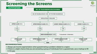 Screening the Screens
NO. OF TELEVISIONS SOLD IN INDIA
NO. OF HOUSELHOLDS X NO. OF TV'S PER HOUSEHOLD
POPULATION (1.4 BILLION)
LOWER MIDDLE CLASS (40%)
UPPER CLASS (10%) UPPER MIDDLE CLASS (25%)
3 TVs 2 TVs 1 TV
LOWER MIDDLE CLASS
= 112M x 1
UPPER CLASS
= 28M X 3
UPPER MIDDLE CLASS
= 70M x 2
LOWER CLASS
= 70M x 0
280M HOUSEHOLDS (1.4B/5) *1 Household = 5 Members
336M
Always use income segmentation when guesstimating a problem related to a region.
If there is a slight chance that you are excluding a group of individuals from a guesstimate, use a markup to fill
in the gap.
RECOMMENDATIONS:
LOWER CLASS (25%)
0 TV
Summarised
165
 