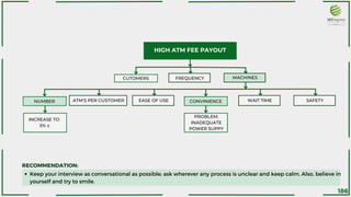 Keep your interview as conversational as possible; ask wherever any process is unclear and keep calm. Also, believe in
yourself and try to smile.
HIGH ATM FEE PAYOUT
CUTOMERS MACHINES
FREQUENCY
RECOMMENDATION:
NUMBER CONVINIENCE
PROBLEM:
INADEQUATE
POWER SUPPY
INCREASE TO
5% ≤
EASE OF USE SAFETY
ATM'S PER CUSTOMER WAIT TIME
186
 