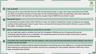 Yes, go ahead.
Thank you! Now, assuming that there are 300 normal business days in a year, each shop would sell around 1500
ACs (300 x 5 customers per day) on these days. On the remaining days which are peak days, each shop might sell
up to 1300 ACs (65 × 20 customers per day). So, we get a total of 2800 ACs per shop in a year.
Seems fair. Go on.
To estimate the number of ACs sold in Shimla in a year, we need to multiply the number of shops by the average
number of ACs sold by each shop in a year. Hence, we have the final value of ACs sold in Shimla in a year as 70,000
ACs (2800 × 25 shops in Shimla).
Okay, is there anything else that you would like to consider?
Yes, we might also need to consider that only 10% of people in Shimla own an AC because ACs are not
necessarily required there as it’s a cold place. This would bring down the total number of ACs sold in a year to
around 7,000 ACs, which is my final estimate.
That seems like a good estimate. One last question- How much will this final estimated number change in the case of
another city, let’s say Delhi.
The final number for Delhi would be significantly higher than Shimla due to the difference in climate and population.
Delhi experiences extremely hot summers, and ACs are a necessity for many people. Moreover, Delhi has a much
larger population than Shimla.
188
 