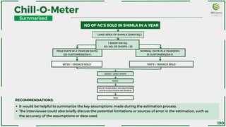 PEAK DAYS IN A YEAR (65 DAYS)
(20 CUSTOMERS/DAY)
NORMAL DAYS IN A YEAR(300)
(5 CUSTOMERS/DAY)
LAND AREA OF SHIMLA (25KM SQ,)
1 SHOP/ KM SQ.
SO, NO. OF SHOPS = 25
NO OF AC’S SOLD IN SHIMLA IN A YEAR
65*20 = 1300ACS SOLD 300*5 = 1500ACS SOLD
2800AC * 25(NO. SHOPS)
10% OF 70,000 (ONLY 10% MIGHTOWN
ACS IN A COLD PLACE LIKE SHIMLA)
70000
7000
It would be helpful to summarize the key assumptions made during the estimation process.
The interviewee could also briefly discuss the potential limitations or sources of error in the estimation, such as
the accuracy of the assumptions or data used.
RECOMMENDATIONS:
Chill-O-Meter
Summarised
190
 