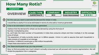 Yes, these sound good to go, you may proceed.
CASE TYPE COMPANY INDUSTRY DIFFICULTY
GUESSTIMATE BCG FOOD PROCESSING
For this case you need to estimate the demand for wheat in India.
I would like to clarify if it is to be estimated in terms of units sold or revenue generated.
It has to be estimated in terms of revenue generated.
I believe that the demand for wheat can be derived by using the formula of
Number multiplied by price.
So, we’ll take the total number of households in India that consume wheat and then multiply it to the average
price of wheat.
The population of India currently stands at 1.4 Billion people. I think it is safe to assume that each household in
India consists of 4 people on an average
Therefore, 1.4 Billion/4 would give us 350 million households.
I hope these assumptions are fine?
Now, to find accurately how much wheat is actually consumed we will proceed with income segmentation. We will
divide the population into 4 categories:
How Many Rotis?
OVERVIEW
Explained
195
 