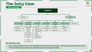 The Juicy Case
Summarised
PROFITS
REVENUE COSTS
WARE-HOUSING MARKETING
OUTBOUND
LOGISTICS
PROCESSING
INVENTORY
INBOUND
LOGISTICS
PROCUREMENT
(SIMILAR TO
INVENTORY
COST)
(SAME AS
INBOUND
LOGISTICS)
MACHINE
AND LABOUR
COSTS
KIND OF
INVENTORY
NUMBER OF
INVENTORY
PARTS
COST OF
CARRYING
INVENTORY
NUMBER OF
ROUNDS
MADE BY
VEHICLE
X DISTANCE
PER ROUND
X AMOUNT
OF FUEL PER
KM
X AMOUNT
PER LITER
QUANTITY
PRICE OF RAW
MATERIAL
The candidate delved well into the possible reasons behind the change in various costs and further the profits
of the manufacturing company by approaching each cost systematically.
RECOMMENDATION
17
 