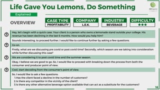 OVERVIEW
Life Gave You Lemons, Do Something
CASE TYPE COMPANY INDUSTRY DIFFICULTY
Hey, let’s begin with a quick case. Your client is a person who owns a lemonade stand outside your college. His
revenue has been declining in the last 6 months. How would you help him?
Sounds interesting, to proceed further, I would like to continue further by asking a few questions.
PROFITABILITY
Go on.
Firstly, what are we discussing pre covid or post covid time? Secondly, which season are we taking into consideration
while further discussing this case?
We are considering it to post covid time and the summer season.
Okay, I believe we are good to go. So, I would like to proceed with breaking down the process from both the
consumer and producer point of view.
Cool, start decoding from the consumer's point of view.
Has the client faced a decline in the number of customers?
Is there any competitor in the vicinity of the client?
Is there any other alternative beverage option available that can act as a substitute for the customers?
So, I would like to ask a few questions:
1.
2.
3.
L.E.K. BEVERAGE
18
Explained
 