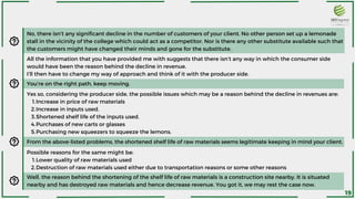 No, there isn’t any significant decline in the number of customers of your client. No other person set up a lemonade
stall in the vicinity of the college which could act as a competitor. Nor is there any other substitute available such that
the customers might have changed their minds and gone for the substitute.
All the information that you have provided me with suggests that there isn’t any way in which the consumer side
would have been the reason behind the decline in revenue.
I’ll then have to change my way of approach and think of it with the producer side.
You’re on the right path, keep moving.
Increase in price of raw materials
Increase in inputs used.
Shortened shelf life of the inputs used.
Purchases of new carts or glasses
Purchasing new squeezers to squeeze the lemons.
Yes so, considering the producer side, the possible issues which may be a reason behind the decline in revenues are:
1.
2.
3.
4.
5.
From the above-listed problems, the shortened shelf life of raw materials seems legitimate keeping in mind your client.
Lower quality of raw materials used
Destruction of raw materials used either due to transportation reasons or some other reasons
Possible reasons for the same might be:
1.
2.
Well, the reason behind the shortening of the shelf life of raw materials is a construction site nearby. It is situated
nearby and has destroyed raw materials and hence decrease revenue. You got it, we may rest the case now.
19
 