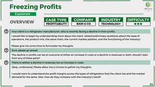 I would like to begin by understanding more about the client. (asked preliminary questions about the base of
operations, the product mix, the value chain, the current market position, and the functioning of the industry)
Please give me some time to formulate my thoughts.
The decline in profits can be an outcome of either an increase in costs or a decline in revenues or both, should I start
from any of these parts?
There is neither a decline in revenues nor an increase in costs.
Okay, understood. Please allow me a minute to gather my thoughts.
I would want to understand the profit margins across the types of refrigerators that the client has and the market
demand for the same. Also, how do they compare with the industry’s trend?
Your client is a refrigerator manufacturer, who is recently facing a decline in their profits.
Sure, please go ahead.
Explained
OVERVIEW
Freezing Profits
CASE TYPE COMPANY INDUSTRY DIFFICULTY
PROFITABILITY BAIN & CO. TECHNOLOGY
24
 