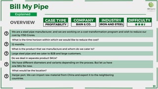 We are a steel pipe manufacturer, and we are working on a cost-transformation program and wish to reduce our
cost by ₹150 Crores.
12 months.
What is the time horizon within which we would like to reduce the cost?
What is the product that we manufacture and whom do we cater to?
Do we deal in separate product SKUs?
Large steel pipe and we cater to B2B and large customers.
We have different diameters and variants depending on the process. But let us have
one SKU for now.
What would be the location?
Hanjar port. We can import raw material from China and export it to the neighboring
countries.
OVERVIEW
Bill My Pipe
CASE TYPE COMPANY INDUSTRY DIFFICULTY
PROFITABILITY BAIN & CO. IRON AND STEEL
31
Explained
 