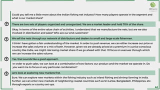 Could you tell me a little more about the Indian fishing net industry? How many players operate in the segment and
what is our market share?
Okay. In terms of the entire value chain of activities, I understand that we manufacture the nets, but are we also
involved in distribution and sales? Who are our end customers?
There are two sets of players: organized and unorganized. We are a market leader and hold 70% of the share.
We sell the nets through our network of distributors and dealers to small and large-scale fishermen.
I think I have gotten a fair understanding of the market. In order to push revenue, we can either increase our price or
increase the sales volume or a mix of both. However, given we are already priced at a premium in a price conscious
country like India, we might risk losing market share if we go ahead with that. I’ll focus on avenues through which
we can increase the sales volume.
In order to push sales, we can look at a combination of two factors: our product and the market we operate in. Do
you want me to focus on any particular combination?
Yes, that sounds like a good approach.
Let’s look at exploring new markets first.
Sure. We can explore new markets within the fishing industry such as inland fishing and shrimp farming in India.
Further, we can enter new markets of neighboring coastal countries such as Sri Lanka, Bangladesh, Philippines, etc.
through exports or country set-ups.
41
 