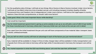 For the qualitative side of things, I will look at two things: Micro Factors & Macro Factors involved. Under micro factors,
I will look at Cost (Both initial one-time & landed cost per unit including transport & duties), Quality of bottle,
Turnaround time, and Freedom (risk & independence). Under macro factors, I will look at the Legal aspect & country
relations. Does this look comprehensive, or should I add more factors?
Cost would be important.
Looks good. What is the most important factor while deciding?
Yes, for initial investment government is giving us some subsidy to set up so we will add a cost of USD 0.5 per bottle
for those manufactured in Germany; others don’t have any initial cost. Let’s look at the cost per unit in detail.
Sure, apart from the initial investment the per unit cost will have components of raw material, labor, transport, taxes
& duties, utilities/overheads.
Sure, material will be available in cheap in China & India; cheaper labor will be available in India; transportation cost
of goods from China and India to Germany will be high while if manufactured in Germany the transport cost will be
low.
Can you tell me which country will have an advantage in each of the factors you just mentioned above?
Yes, market expansion is what the CEO was thinking about. Let’s end the case here, all the best!
52
 