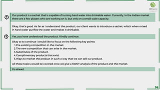 Yes, you have understood the product. Kindly continue.
Pre-existing competition in the market.
The new competition that can arise in the market.
Substitutes of the product.
Complimentary products that exist.
Ways to market the product in such a way that we can sell our product.
Okay so to continue I would like to focus on the following key points:
1.
2.
3.
4.
5.
Our product is a sachet that is capable of turning hard water into drinkable water. Currently, in the Indian market
there are a few players who are working on it, but only on a small scale capacity.
Okay, that's good. As far as I understand the product, our client wants to introduce a sachet, which when mixed
in hard water purifies the water and makes it drinkable.
Go ahead.
All these topics would be covered once we give a SWOT analysis of the product and the market.
56
 