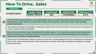 How To Drive.. Sales
CASE TYPE COMPANY INDUSTRY DIFFICULTY
Let’s dive into the case simulation. A car manufacturer wants to increase their sales in India. They have two options:
either explore a new market or continue with a market where they have a 30% market share. What strategies
would you propose?
MARKET GROWTH BCG AUTOMOBILE
Okay, before proposing any strategies, I would like to gather some more information. Can you tell me more about the
current market and the competition?
Sure, the current market is quite competitive with multiple players. The market size is growing, and the purchasing
power of consumers is increasing. In terms of competition, there are several established players with a significant
market share, including some global brands.
Thank you for the information. Based on what you’ve told me, I would suggest that the car manufacturer continues to
focus on the market where they have a 30% market share. However, they need to implement strategies to increase
their market share.
OVERVIEW
Explained
82
 