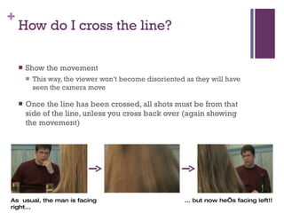 How do I cross the line? Show the movement This way, the viewer won’t become disoriented as they will have seen the camera move Once the line has been crossed, all shots must be from that side of the line, unless you cross back over (again showing the movement) As  usual, the man is facing right... ... but now he’s facing left!! 