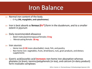  Normal iron content of the body
o ̴3-4 g (Hb, myoglobin, and cytochromes)
 Iron is best absorb as ferrous (Fe2+) form i...